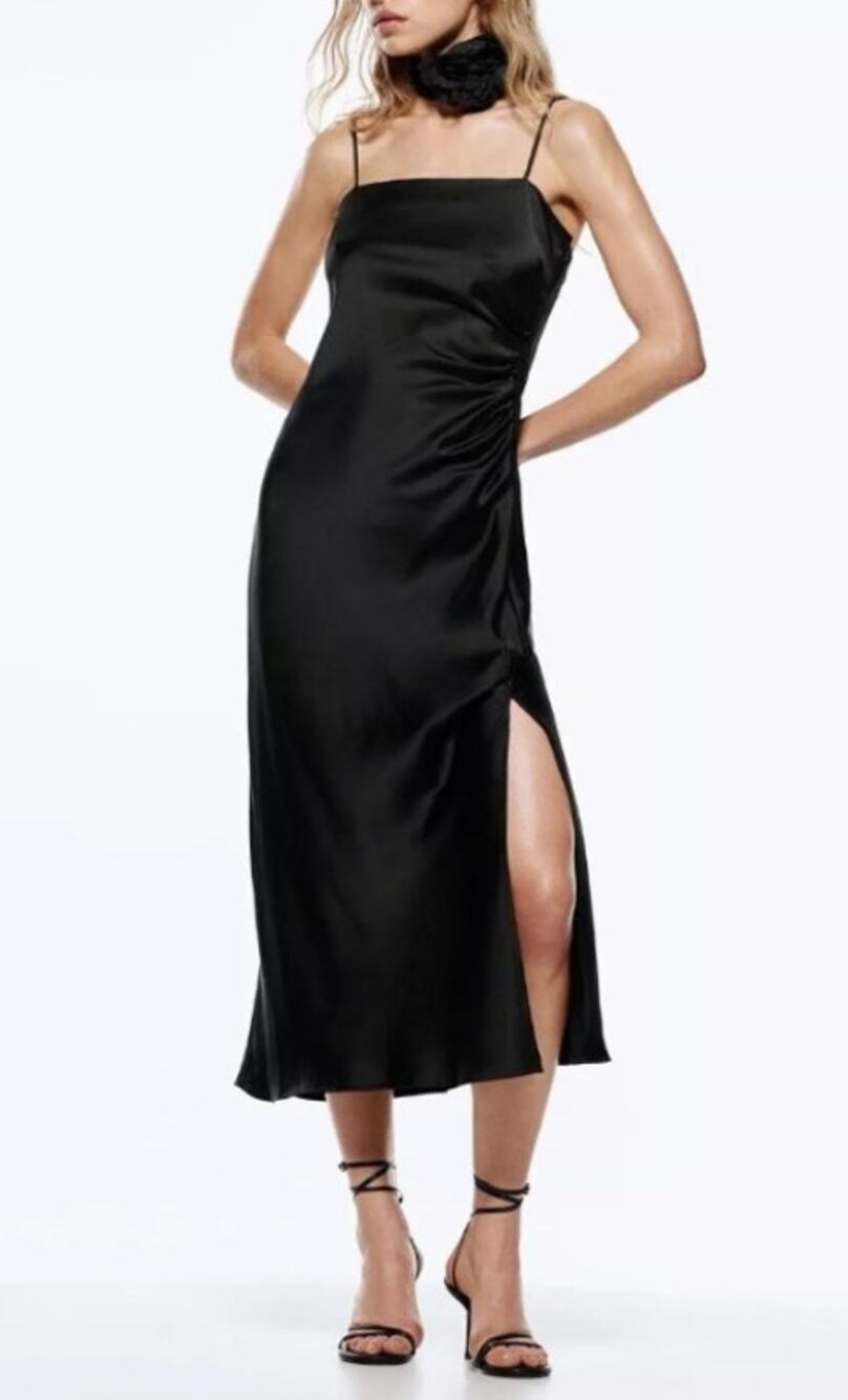 ZARA Satin Slip Midi Dress Ruched Sleeveless Square Neck Stretch Black Womens L